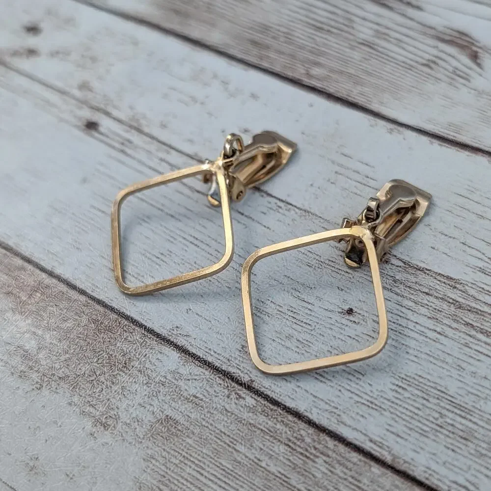 Vintage Clip On Earrings Rounded Square Gold Tone Dangle